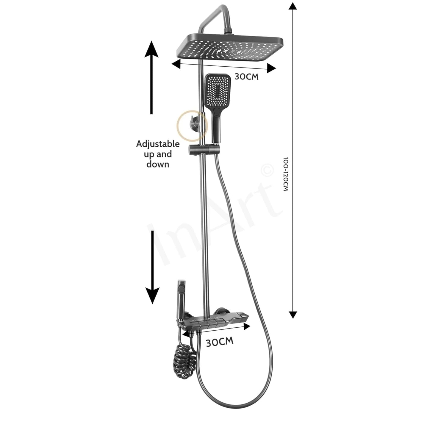 InArt Wall Mixer Shower Panel: SS304 Stainless Steel, Thermostatic, Multi-Mode Rainfall & Waterfall, Gun Grey Finish, Easy Install, Complete Set (Gun Grey 1)