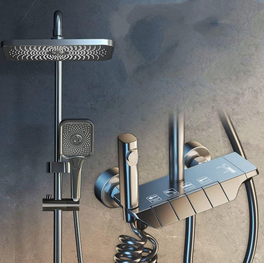 Mist Bath Premium Brass - Thermostatic Shower Set with Piano Switches Shower Panel with Head Shower Hand Shower Bidet Gun Temperature Display (Matt Black w/o Display)