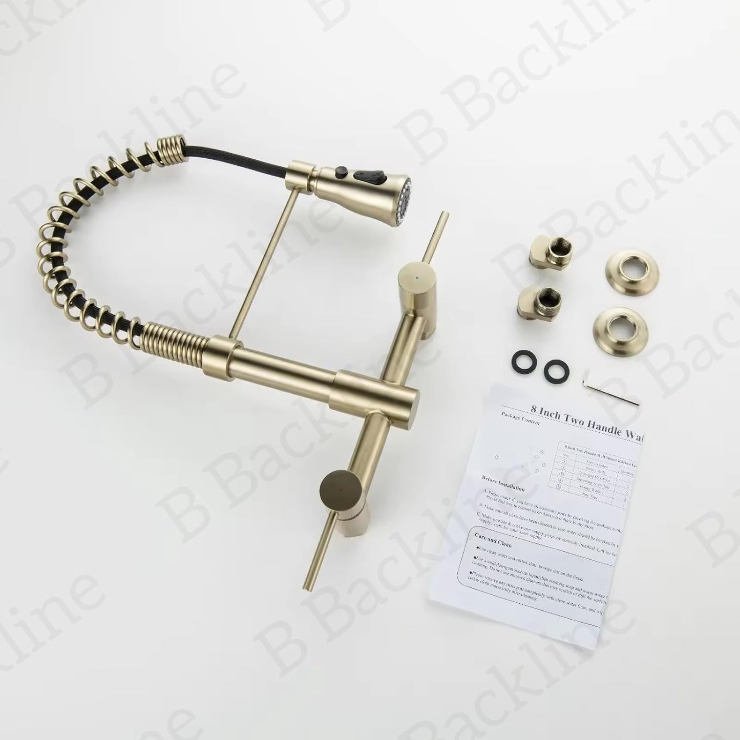 B Backline Brass Wall-Mounted Kitchen Sink Mixer Tap 360° Swivel Pull-Out Sprayer Kitchen Faucet with 3 Flow Spray Head | Kitchen Sink Hot & Cold Mixer Faucet | 5 Years Warrenty (Brushed Gold)