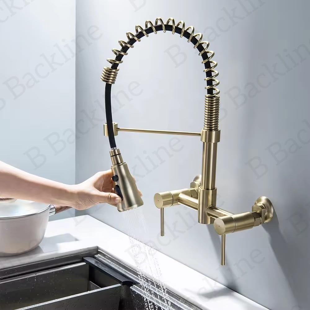 B Backline Brass Wall-Mounted Kitchen Sink Mixer Tap 360° Swivel Pull-Out Sprayer Kitchen Faucet with 3 Flow Spray Head | Kitchen Sink Hot & Cold Mixer Faucet | 5 Years Warrenty (Brushed Gold)