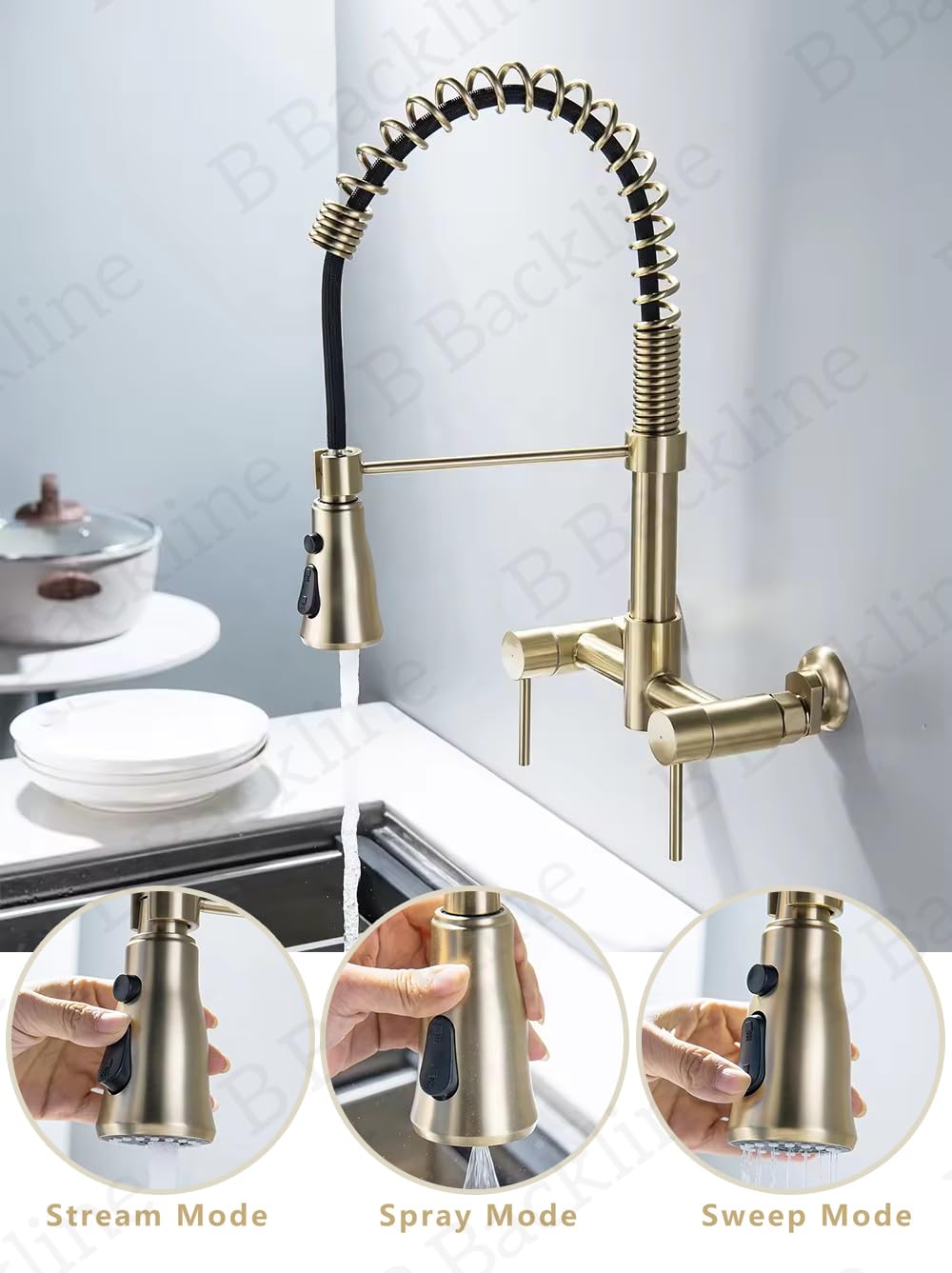 B Backline Brass Wall-Mounted Kitchen Sink Mixer Tap 360° Swivel Pull-Out Sprayer Kitchen Faucet with 3 Flow Spray Head | Kitchen Sink Hot & Cold Mixer Faucet | 5 Years Warrenty (Brushed Gold)