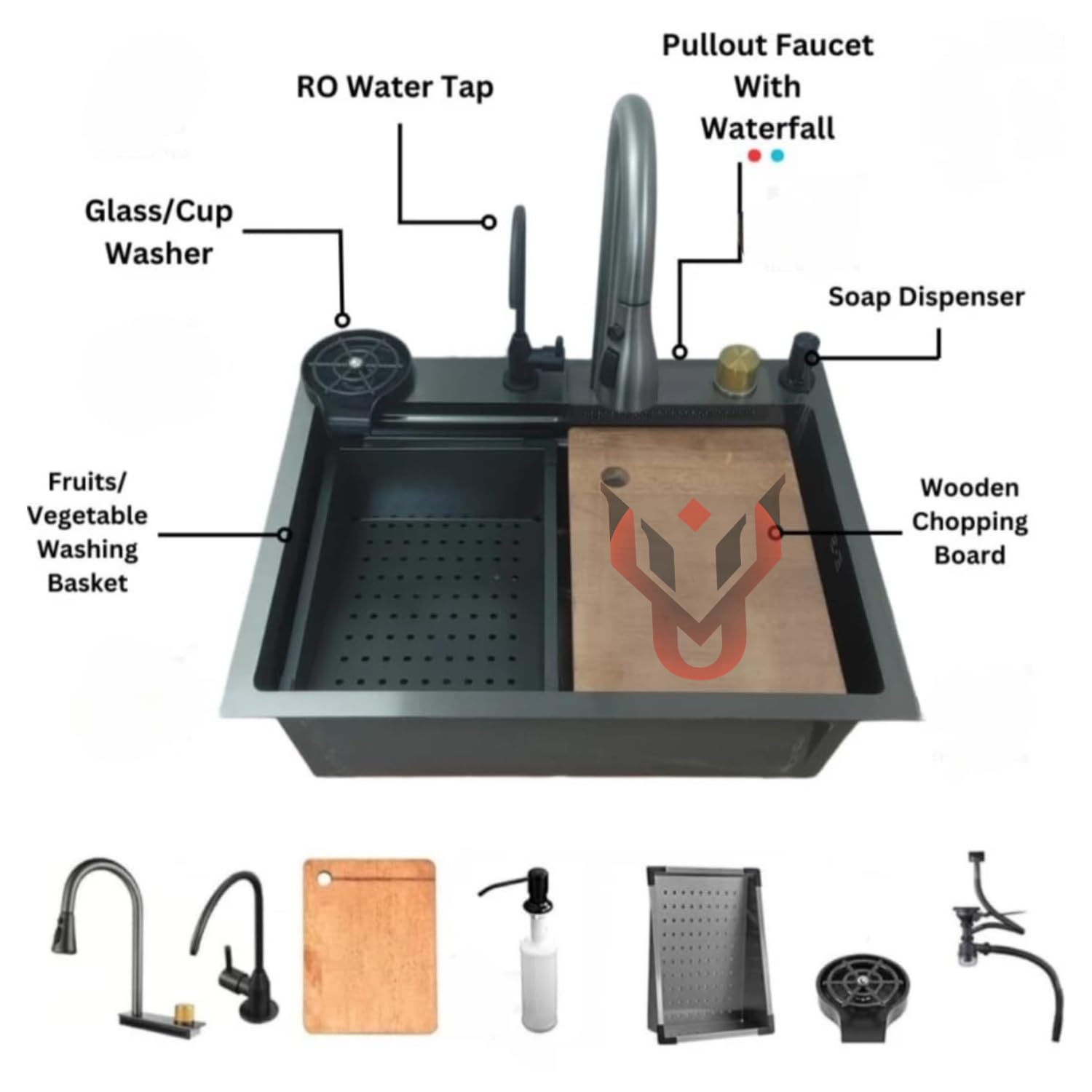 UMAVANSHI Kitchen Sink 304 Grade Anti Scratch Design With Integrated Waterfall And Pull-down Faucet Set and All Accessories (All In One (24X18X9))