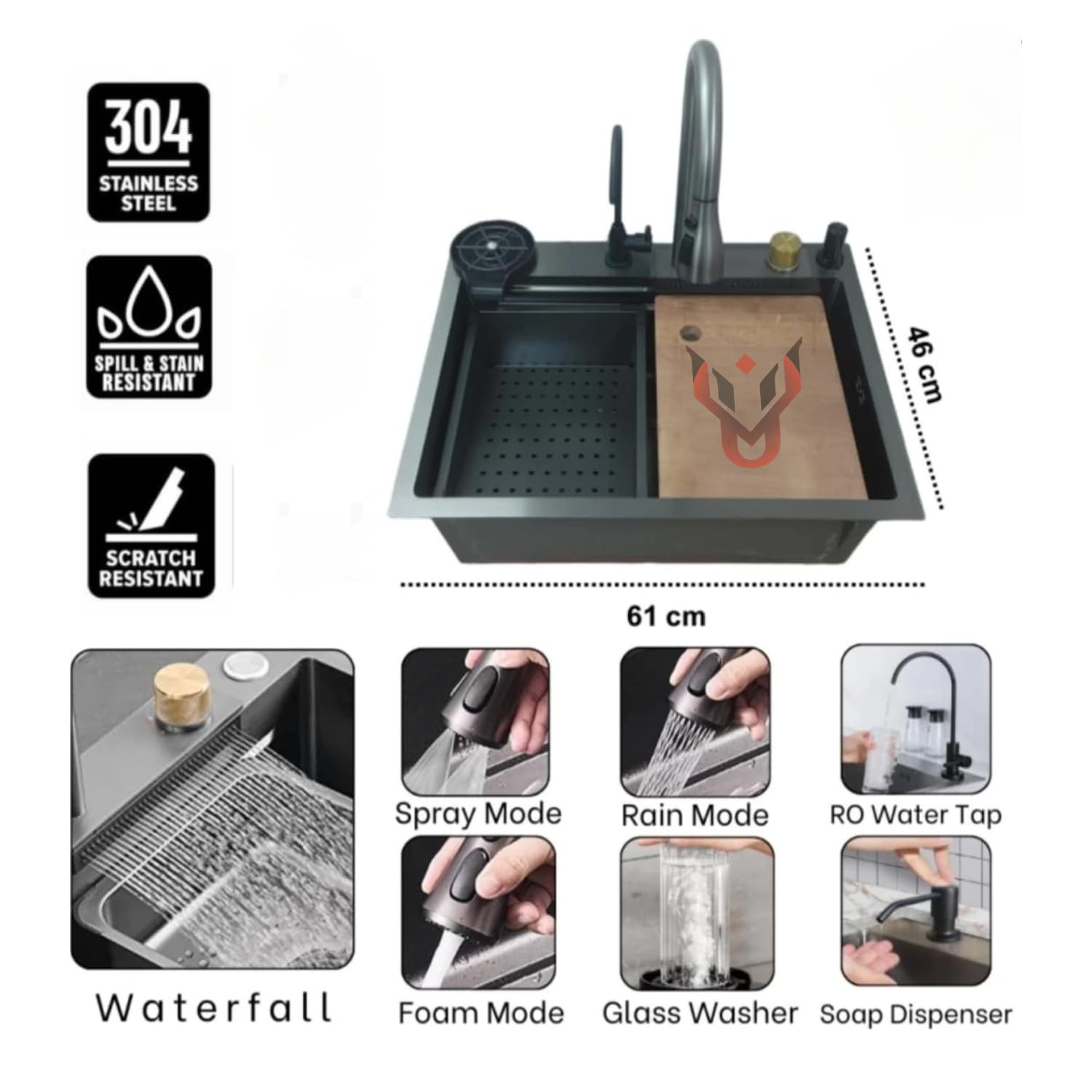 UMAVANSHI Kitchen Sink 304 Grade Anti Scratch Design With Integrated Waterfall And Pull-down Faucet Set and All Accessories (All In One (24X18X9))