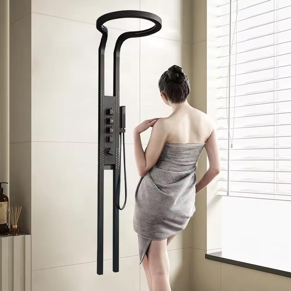 Stainless Steel 304 Shower Panel | Wall Mounted Thermostatic Mixer, Hot & Cold Dual Control | Modern Rust-Free Bathroom Shower System with Rainfall & Hand Shower (RainForest Series Black Matte)