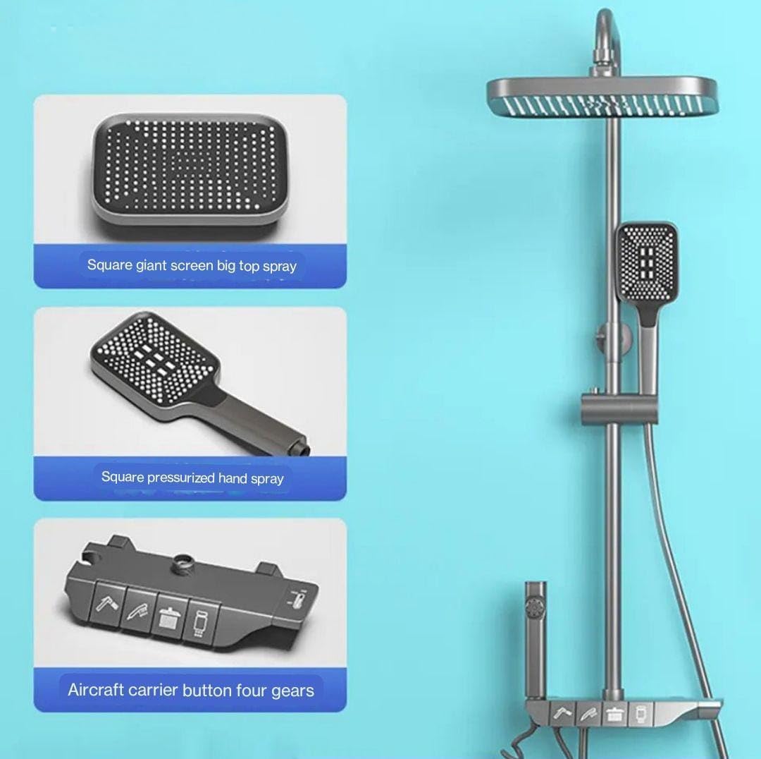Mist Bath Premium Brass - Thermostatic Shower Set with Piano Switches Shower Panel with Head Shower Hand Shower Bidet Gun Temperature Display (Matt Black w/o Display)