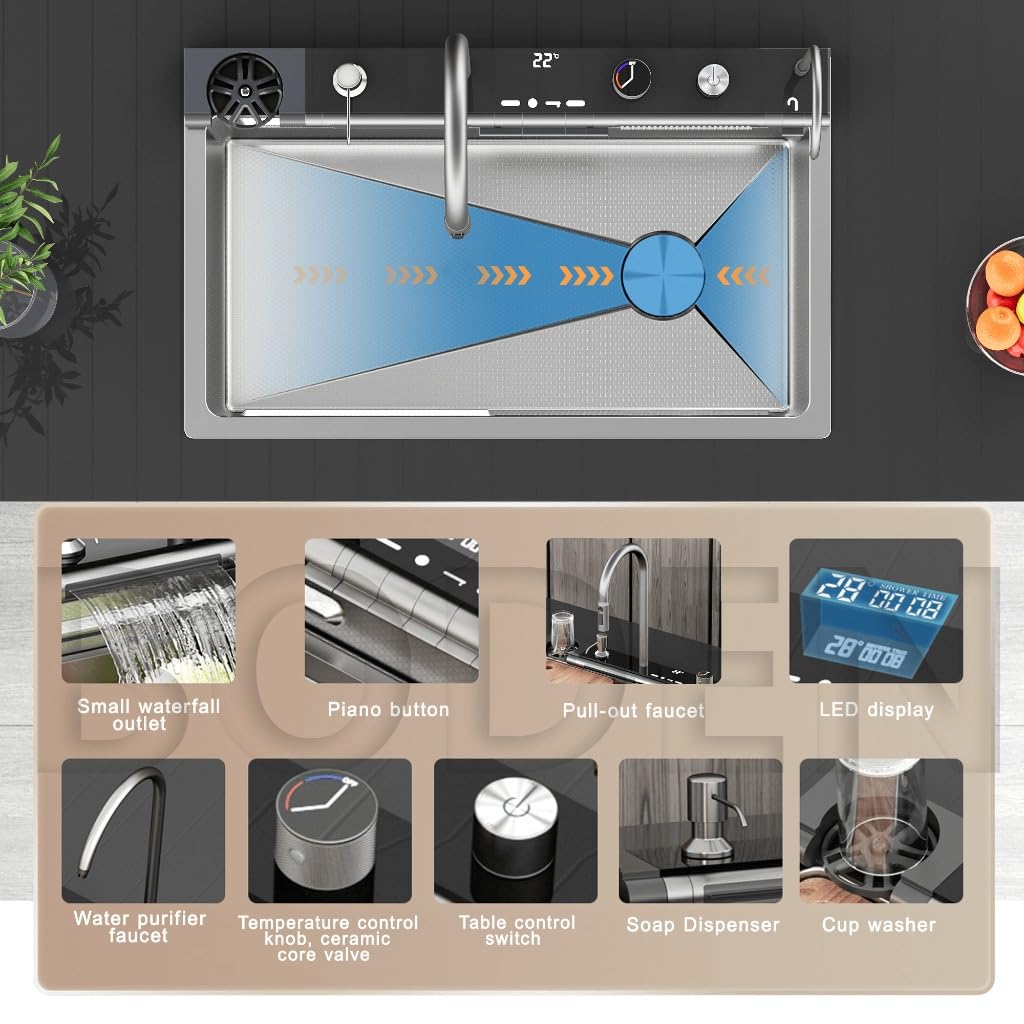30 x 18 x 9 inches Digital Sink Anti Scratch Honeycomb Design Kitchen Sink | 7-Piano Switch with Waterfall and Pull-Down Faucet | 304 Grade Steel Sink with LED Digital Display & RO Tap