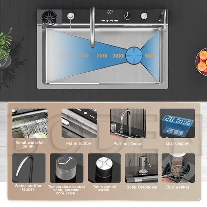 30 x 18 x 9 inches Digital Sink Anti Scratch Honeycomb Design Kitchen Sink | 7-Piano Switch with Waterfall and Pull-Down Faucet | 304 Grade Steel Sink with LED Digital Display & RO Tap