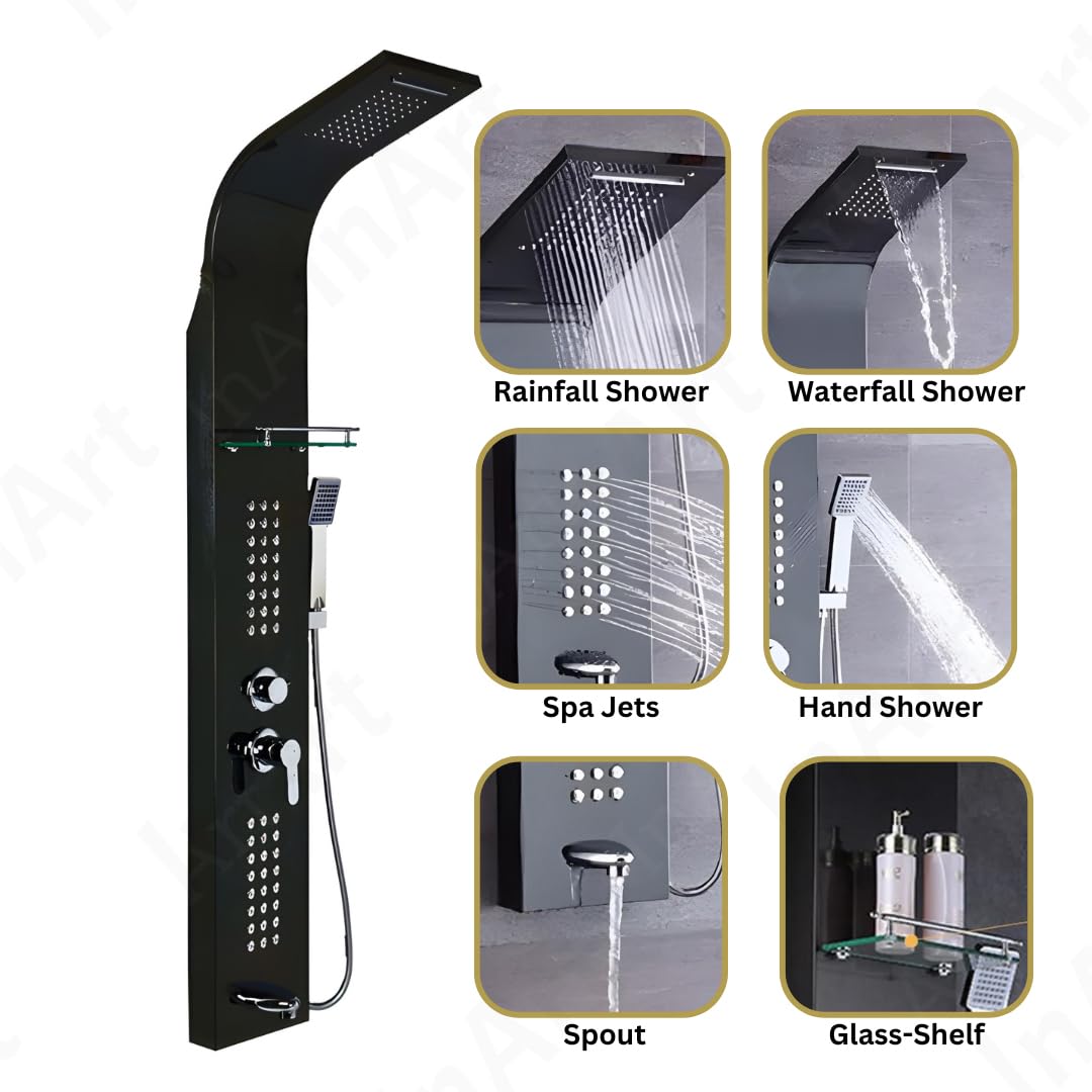 InArt Stainless Steel 304 Grade Shower Panel 5 in 1 Tower System with Waterfall, Rainfall Shower, Body Massage Spray, SS Handheld Shower, and Glass Shelf Mirror Black Color