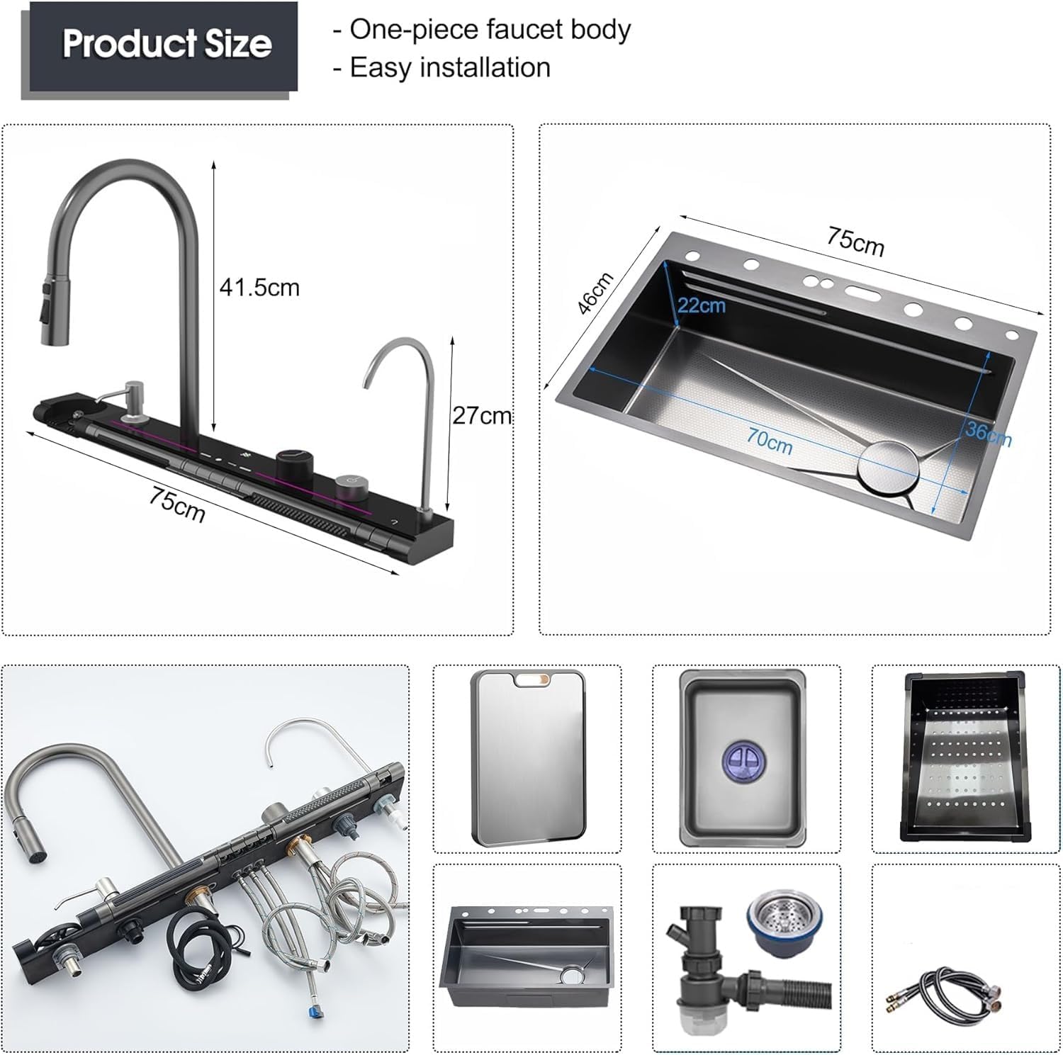 30 x 18 x 9 inches Digital Sink Anti Scratch Honeycomb Design Kitchen Sink | 7-Piano Switch with Waterfall and Pull-Down Faucet | 304 Grade Steel Sink with LED Digital Display & RO Tap