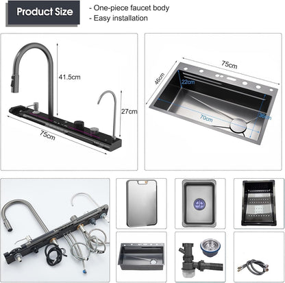 30 x 18 x 9 inches Digital Sink Anti Scratch Honeycomb Design Kitchen Sink | 7-Piano Switch with Waterfall and Pull-Down Faucet | 304 Grade Steel Sink with LED Digital Display & RO Tap