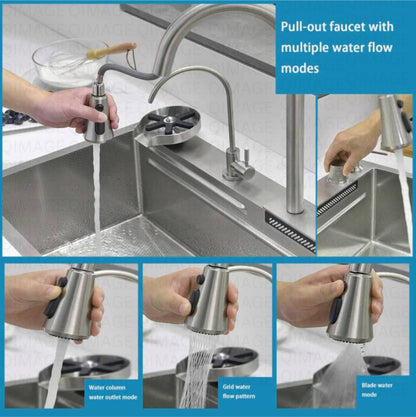 30 x 18 x 9 inches Digital Sink Anti Scratch Honeycomb Design Kitchen Sink | 7-Piano Switch with Waterfall and Pull-Down Faucet | 304 Grade Steel Sink with LED Digital Display & RO Tap