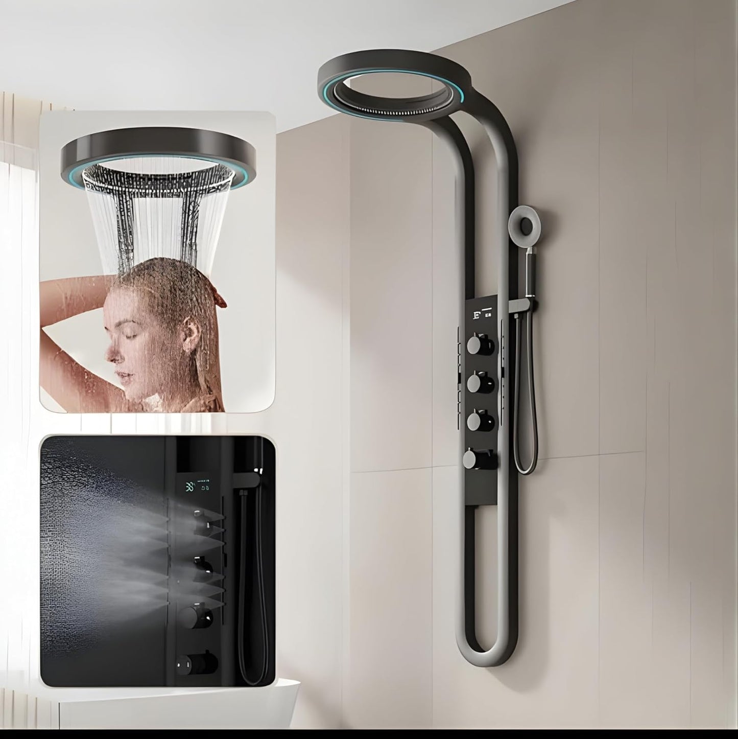 Laphoenix Bathware SS304 Wall Mounted Round Shape Panel - Thermostatic Mixer with Hot & Cold Dual Knob - Premium Bathroom Shower System, Rust-Free & Modern Design (Gray Series, 1PC)