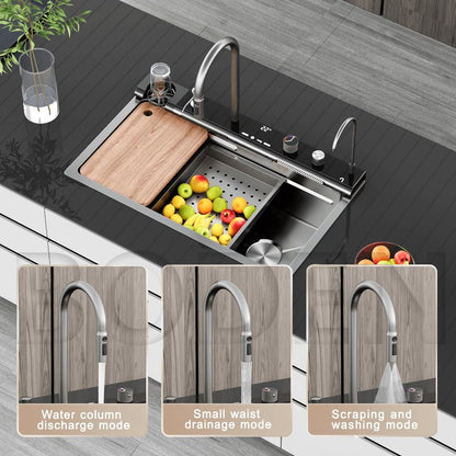 30 x 18 x 9 inches Digital Sink Anti Scratch Honeycomb Design Kitchen Sink | 7-Piano Switch with Waterfall and Pull-Down Faucet | 304 Grade Steel Sink with LED Digital Display & RO Tap