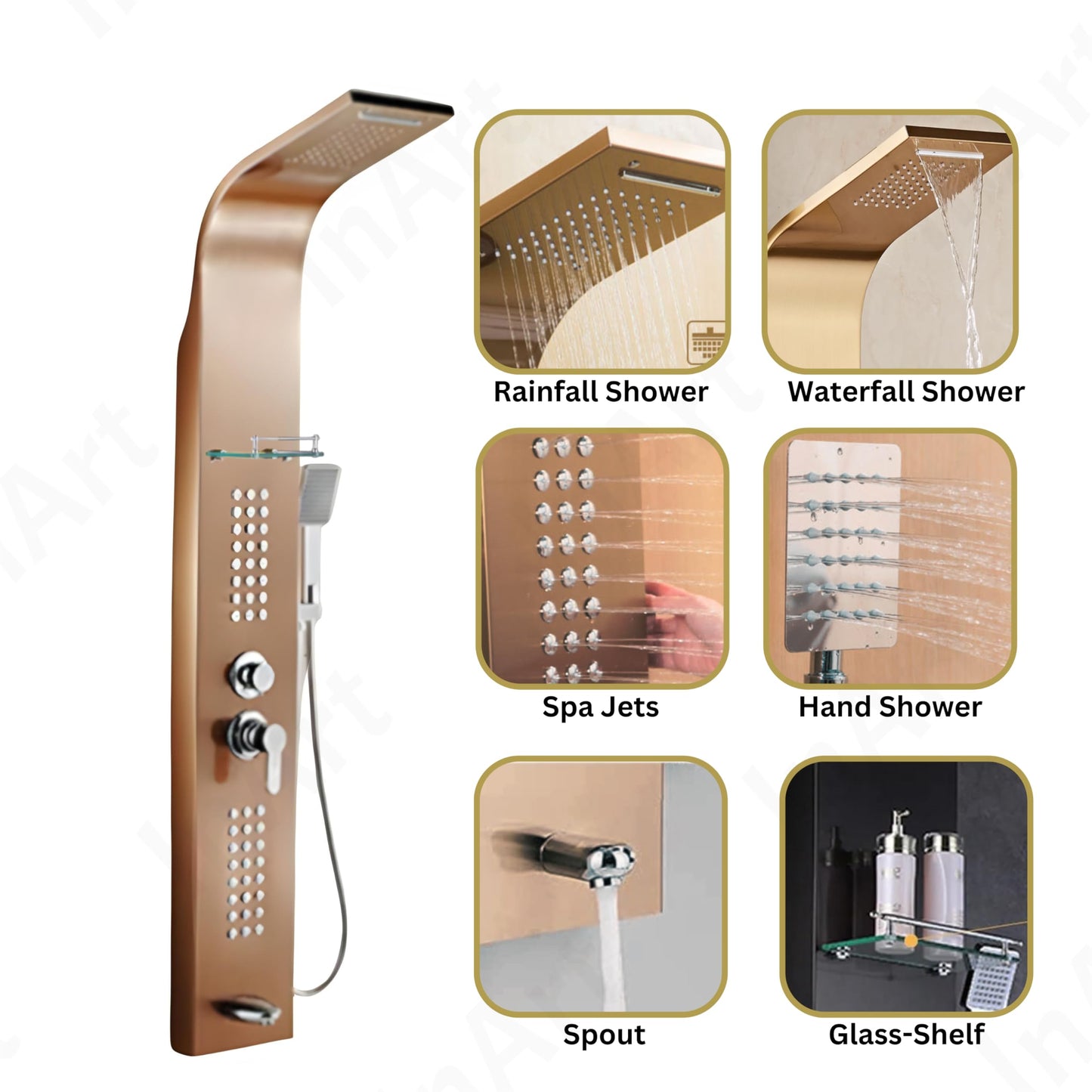InArt Stainless Steel 304 Grade Shower Panel 5 in 1 Tower System with Waterfall, Rainfall Shower, Body Massage Spray, SS Handheld Shower, and Glass Shelf Mirror Black Color