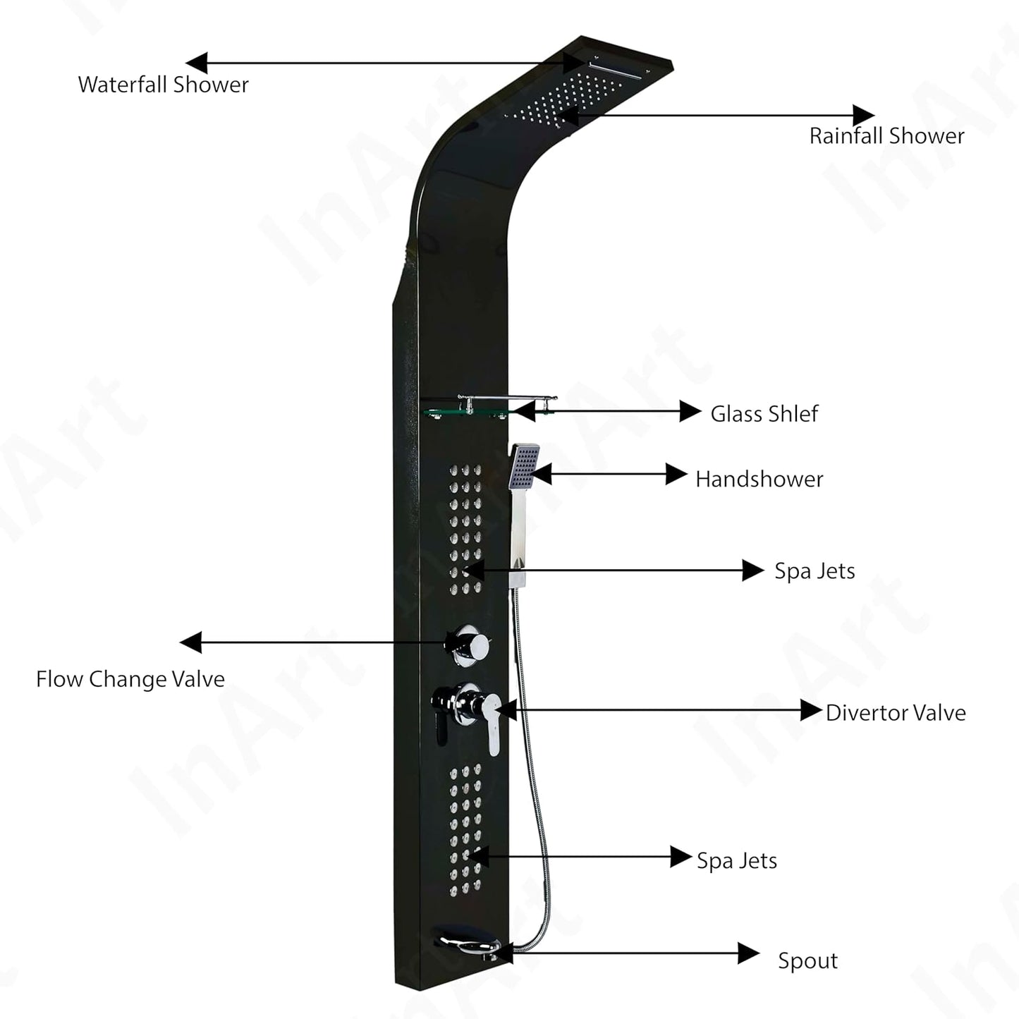 InArt Stainless Steel 304 Grade Shower Panel 5 in 1 Tower System with Waterfall, Rainfall Shower, Body Massage Spray, SS Handheld Shower, and Glass Shelf Mirror Black Color