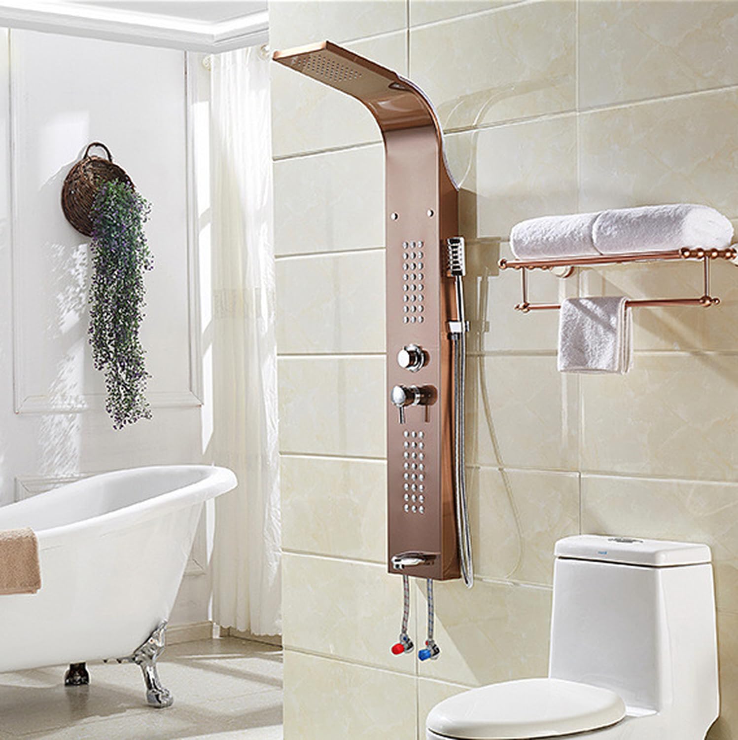 InArt Stainless Steel 304 Grade Shower Panel 5 in 1 Tower System with Waterfall, Rainfall Shower, Body Massage Spray, SS Handheld Shower, and Glass Shelf Mirror Black Color