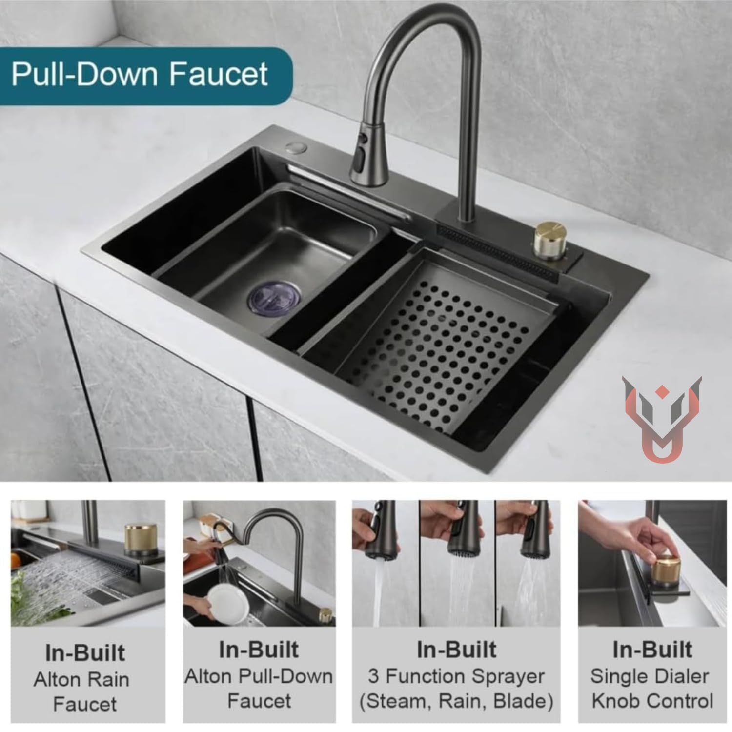 UMAVANSHI Kitchen Sink 304 Grade Anti Scratch Design With Integrated Waterfall And Pull-down Faucet Set and All Accessories (All In One (24X18X9))