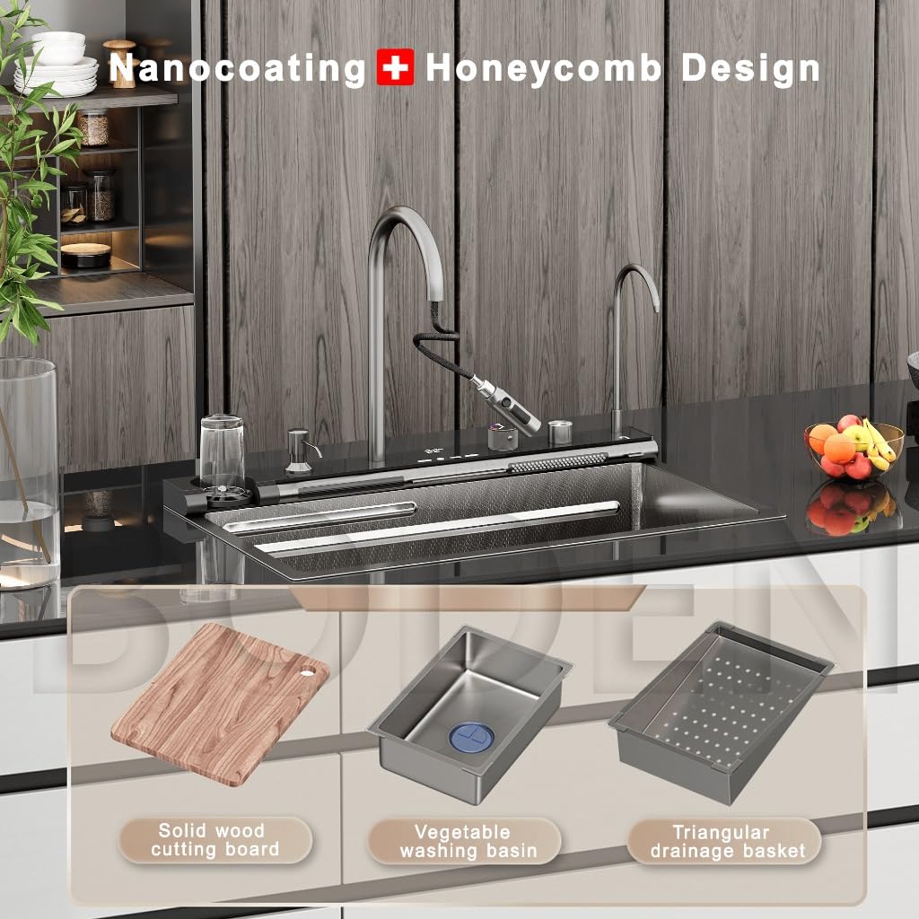 30 x 18 x 9 inches Digital Sink Anti Scratch Honeycomb Design Kitchen Sink | 7-Piano Switch with Waterfall and Pull-Down Faucet | 304 Grade Steel Sink with LED Digital Display & RO Tap