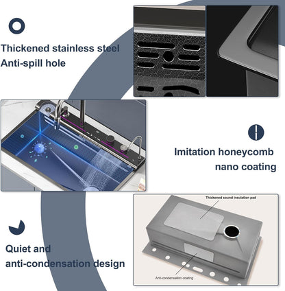 30 x 18 x 9 inches Digital Sink Anti Scratch Honeycomb Design Kitchen Sink | 7-Piano Switch with Waterfall and Pull-Down Faucet | 304 Grade Steel Sink with LED Digital Display & RO Tap