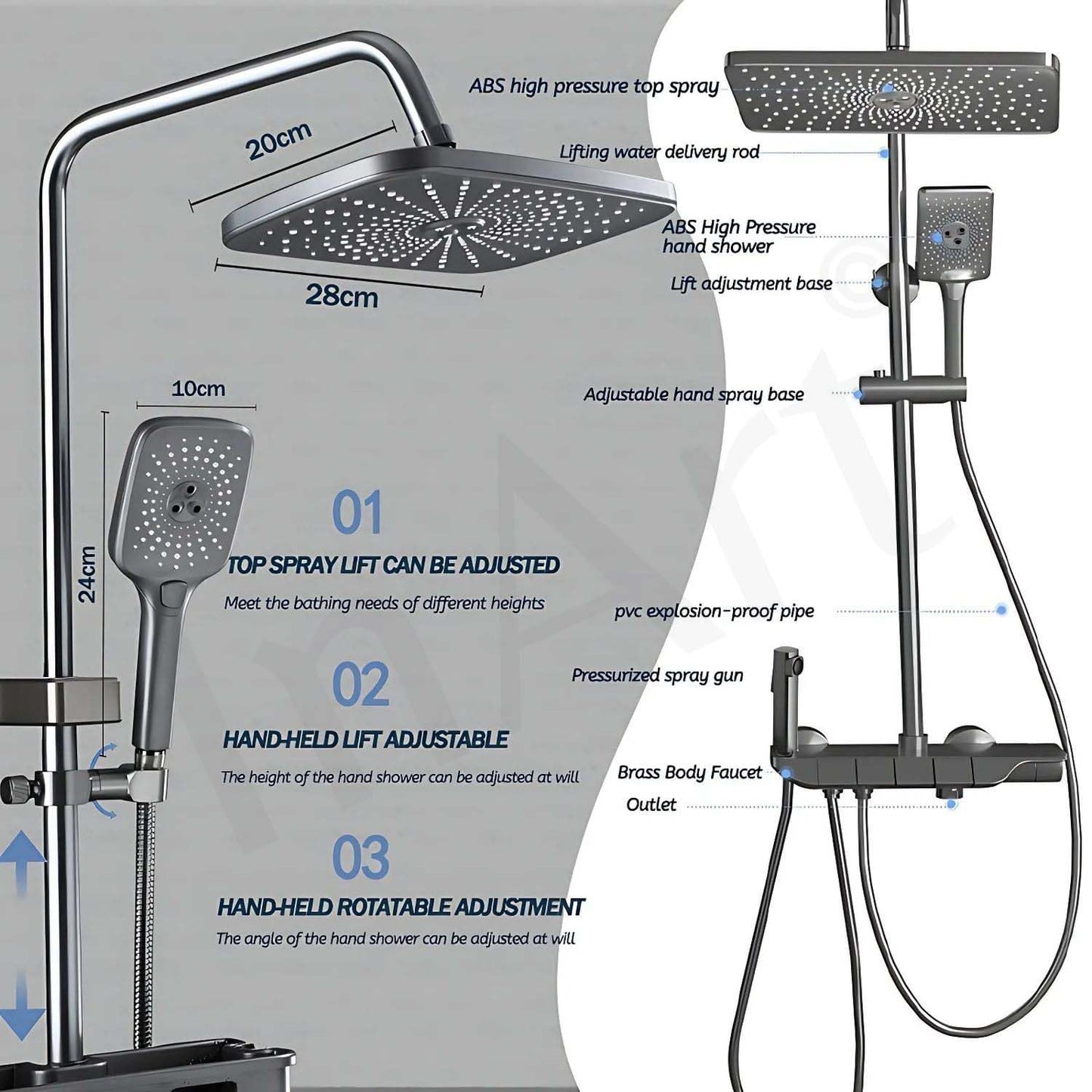 InArt Wall Mixer Shower Panel: SS304 Stainless Steel, Thermostatic, Multi-Mode Rainfall & Waterfall, Gun Grey Finish, Easy Install, Complete Set (Gun Grey 1)