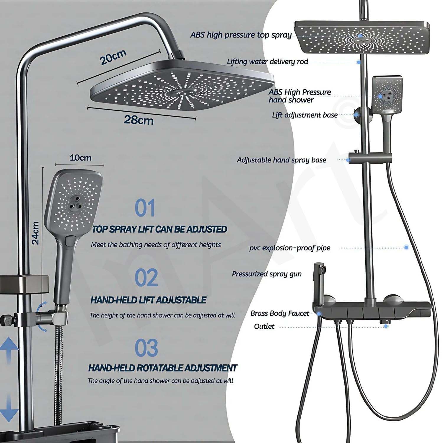 InArt Wall Mixer Shower Panel: SS304 Stainless Steel, Thermostatic, Multi-Mode Rainfall & Waterfall, Gun Grey Finish, Easy Install, Complete Set (Gun Grey 1)