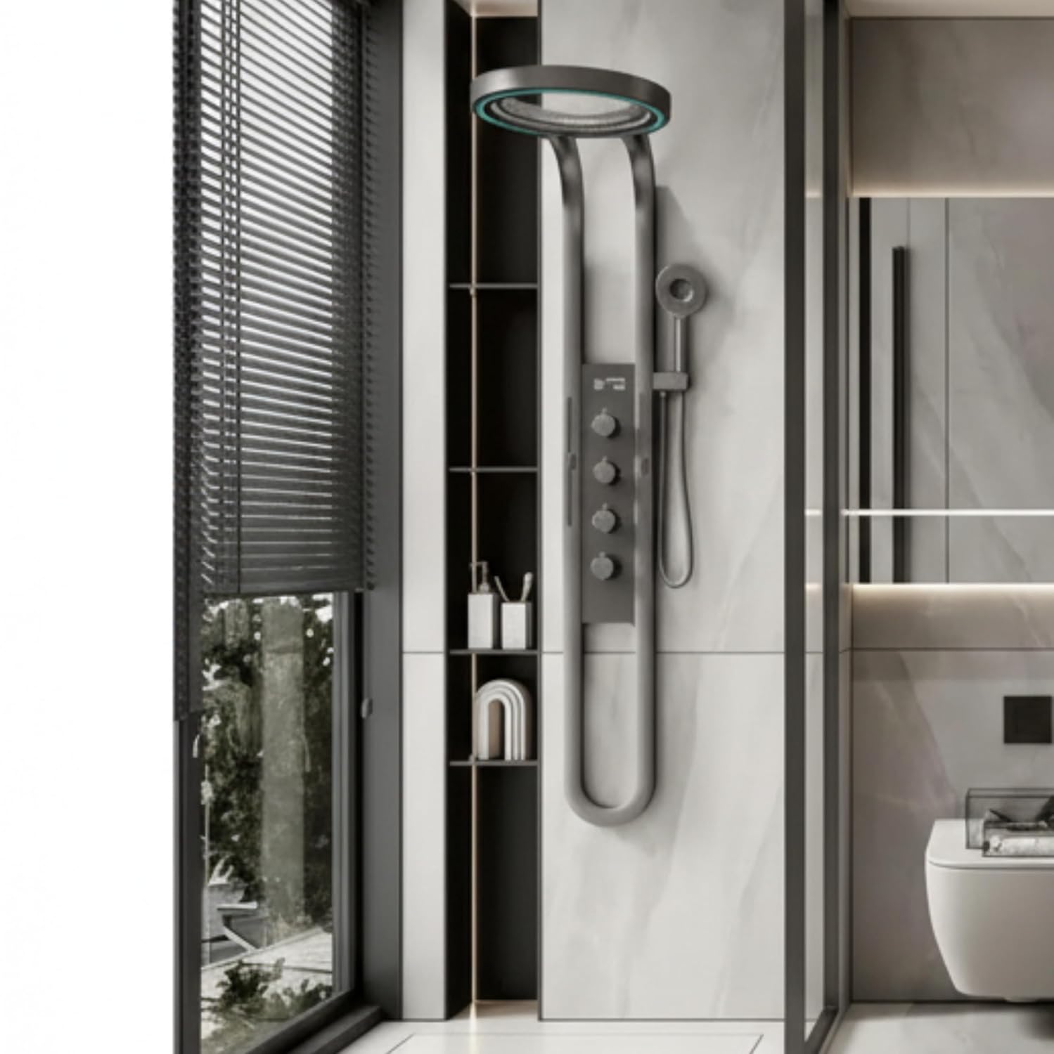Laphoenix Bathware SS304 Wall Mounted Round Shape Panel - Thermostatic Mixer with Hot & Cold Dual Knob - Premium Bathroom Shower System, Rust-Free & Modern Design (Gray Series, 1PC)
