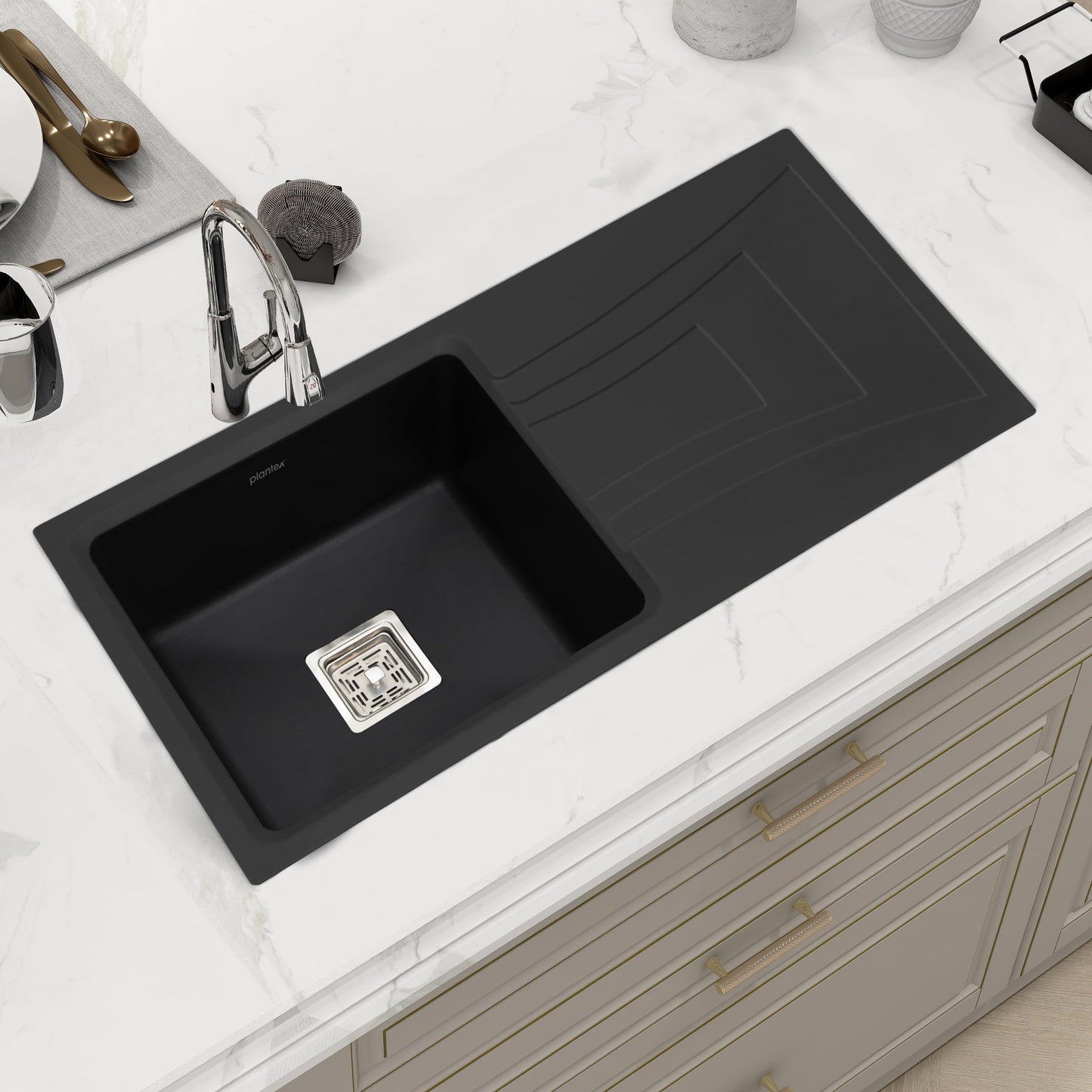 Plantex Quartz Sink for Kitchen/UV Protected Black Kitchen Sink/Granite Single Bowl Sinks/Undermount/Topmount (Black-24x18 Inches)