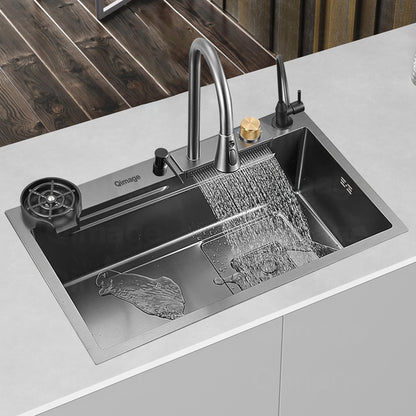 30 x 18 x 9 inches Digital Sink Anti Scratch Honeycomb Design Kitchen Sink | 7-Piano Switch with Waterfall and Pull-Down Faucet | 304 Grade Steel Sink with LED Digital Display & RO Tap