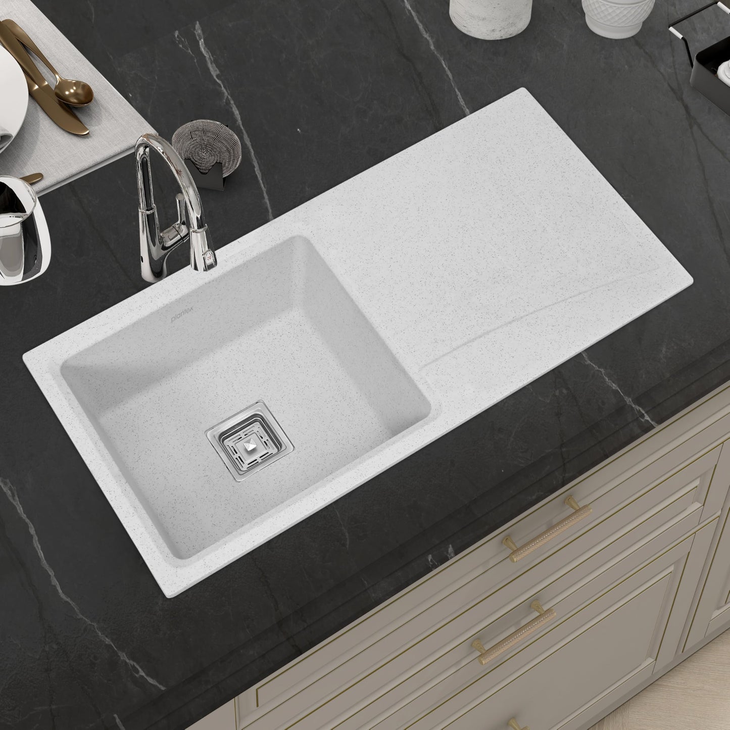 Plantex Quartz Sink for Kitchen/UV Protected Black Kitchen Sink/Granite Single Bowl Sinks/Undermount/Topmount (Black-24x18 Inches)