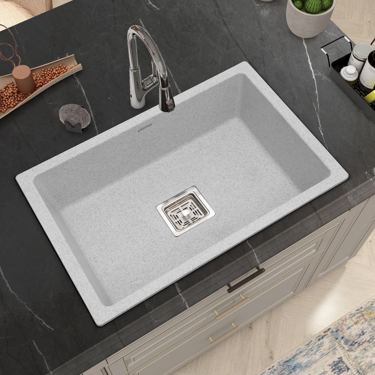 Plantex Quartz Sink for Kitchen/UV Protected Black Kitchen Sink/Granite Single Bowl Sinks/Undermount/Topmount (Black-24x18 Inches)