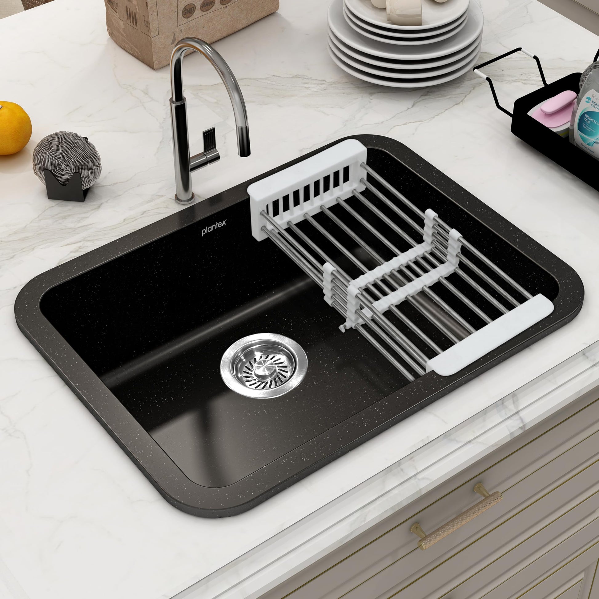 Plantex Quartz Sink for Kitchen/UV Protected Black Kitchen Sink/Granite Single Bowl Sinks/Undermount/Topmount (Black-24x18 Inches)