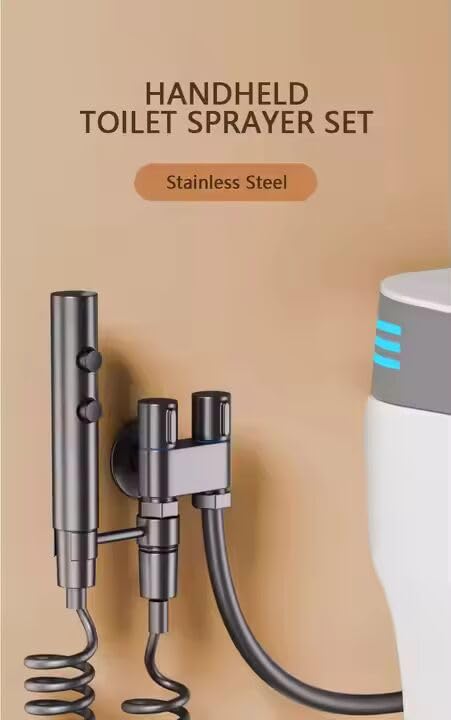 AlbatrosCart Grey Bidet Sprayer Set with Faucet Angle Valve, High-Pressure Spray Gun for Toilet & Bathroom Cleaning, 2m Hose, Wall Mount, 1/2" Connector
